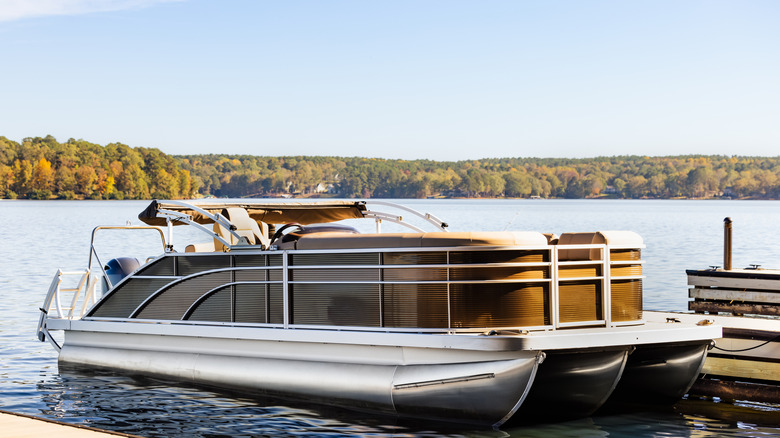 Pontoon boat docked at freshwater lake.
