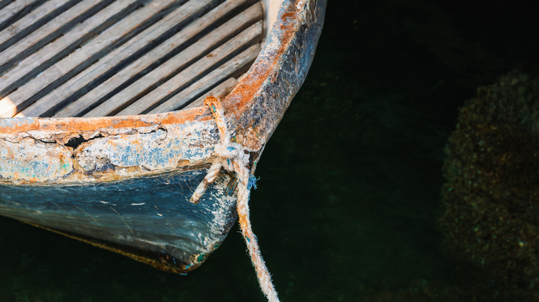 Close-up of old boat hull's corrosion.