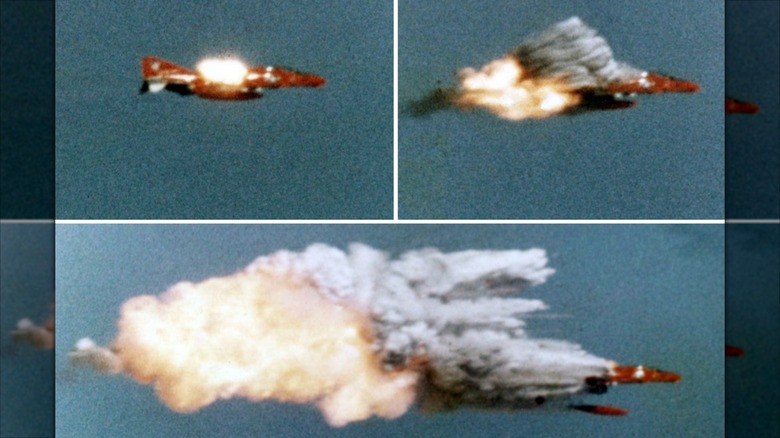 An AIM-9 Sidewinder hitting QF-4B in 1974