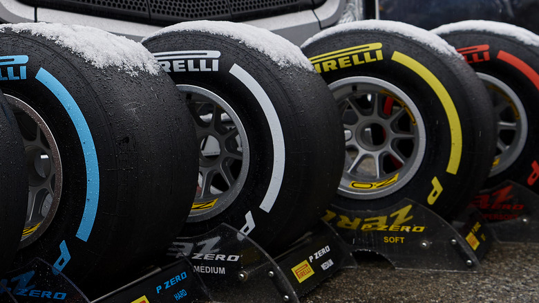 Pirelli F1 tires covered in snow.