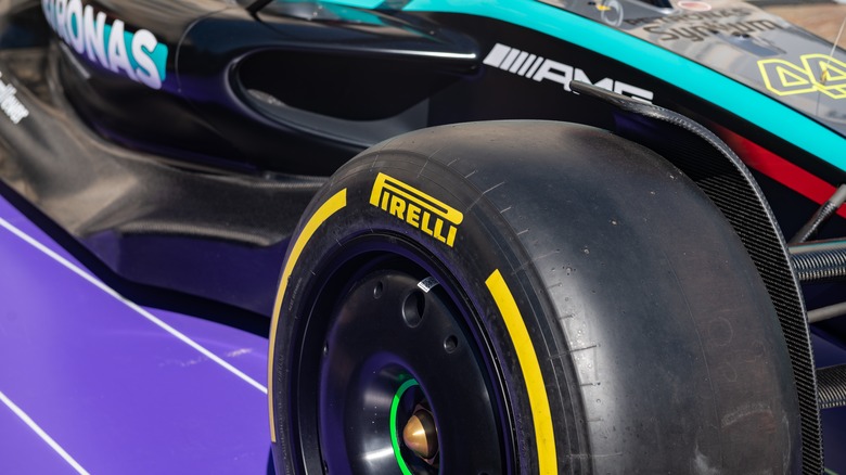 Pirelli tire on F1 car.