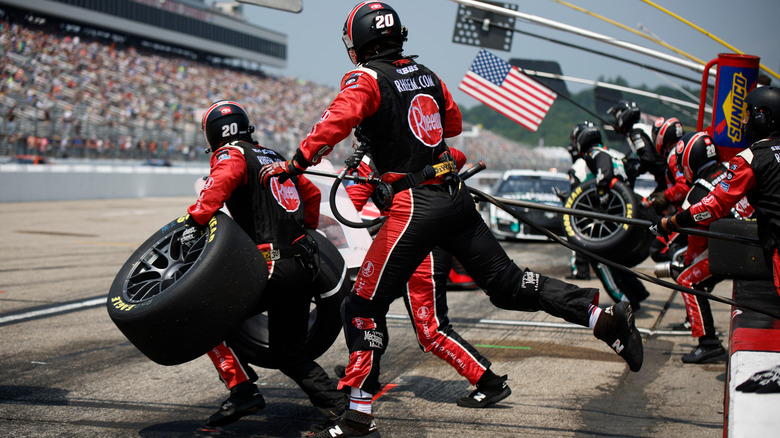 NASCAR Cup Driver, Christopher Bell (20) makes a pit stop for the Crayon 301 at the New Hampshire Motor Speedway in Loudon NH.