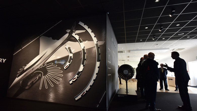 A photo of the Overture Supersonic Airliner is displayed at the Boom Supersonic exhibition hall