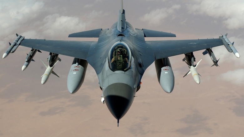 Front view of an F-16 Fighting Falcon in flight.