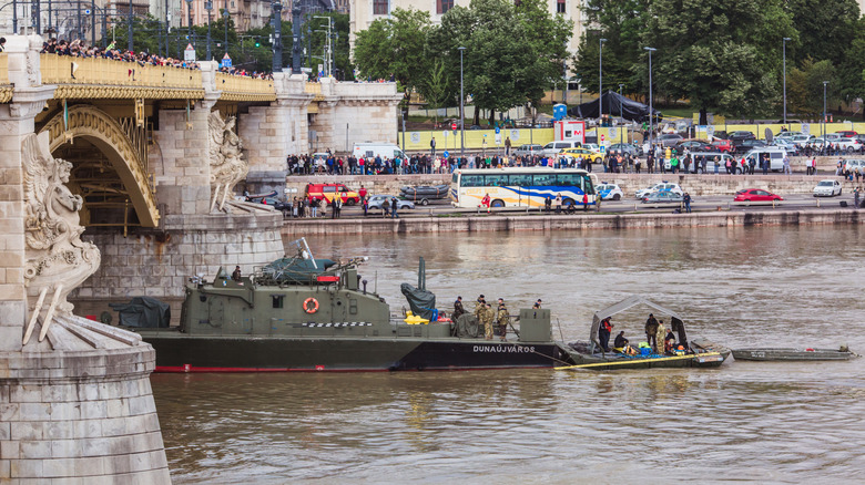 Rescue operation on the Danube River near the Margit bridge after the tragedy of May 29 in Budapest, Hungary. Two ships collided on the river.