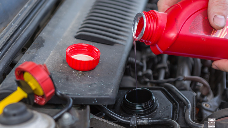 Power steering fluid being poured into reservoir under hood of car