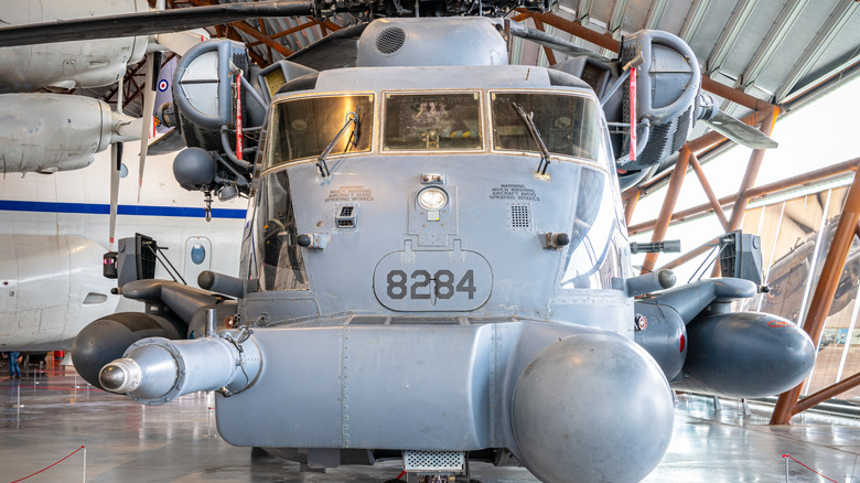Front view of Pave Low family helicopter on display.