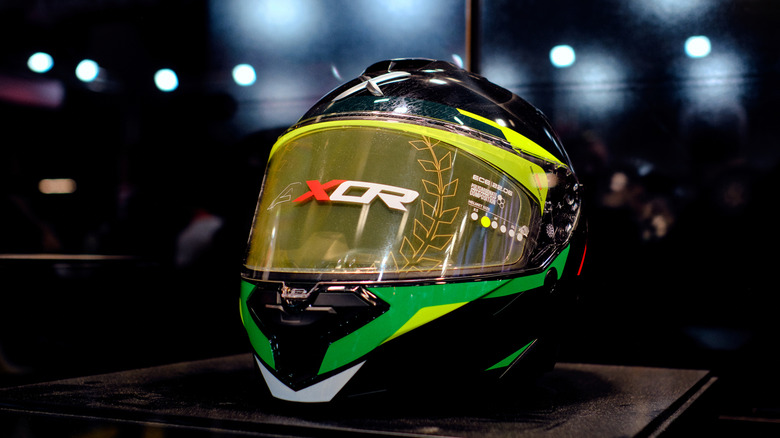 Close-up of a motorcycle helmet on display.