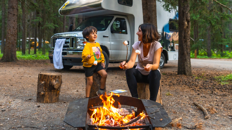 A person and their child camping by a fire, Ford Econoline-based camper in the background