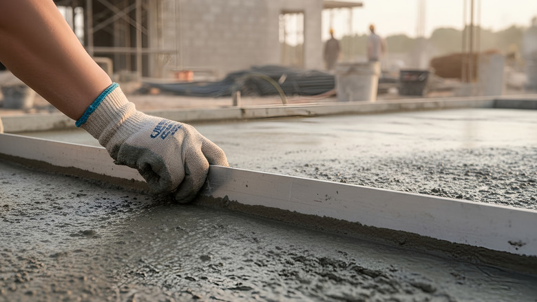 Gloved hand levels laid concrete.