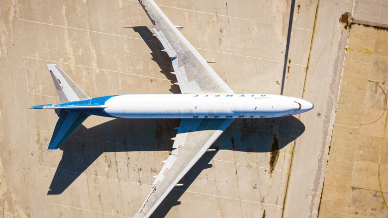 An aerial view of grounded Boeing aircraft.