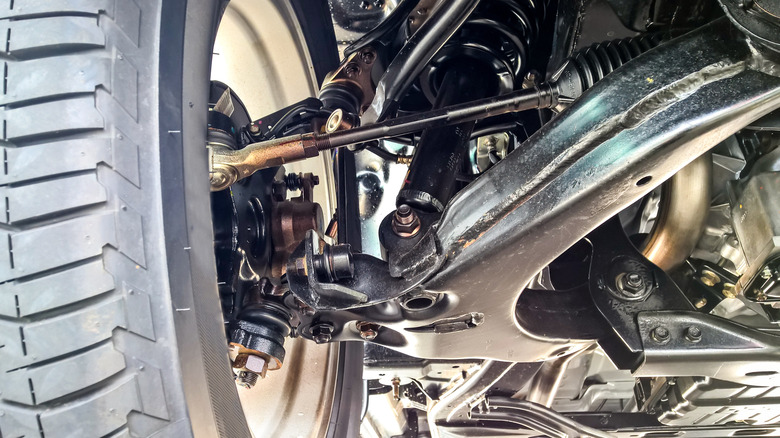 Close-up of a double wishbone suspension in a car