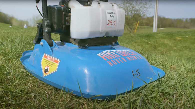 A blue Air Force Hover Mower up close