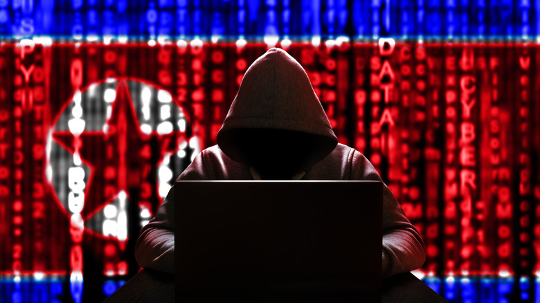 A hacker works at  laptop before a backdrop of a DPRK flag