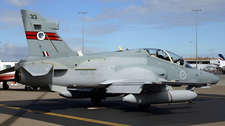 One of the RAAF's lead-in jet fighters lays over in the General Aviation area.