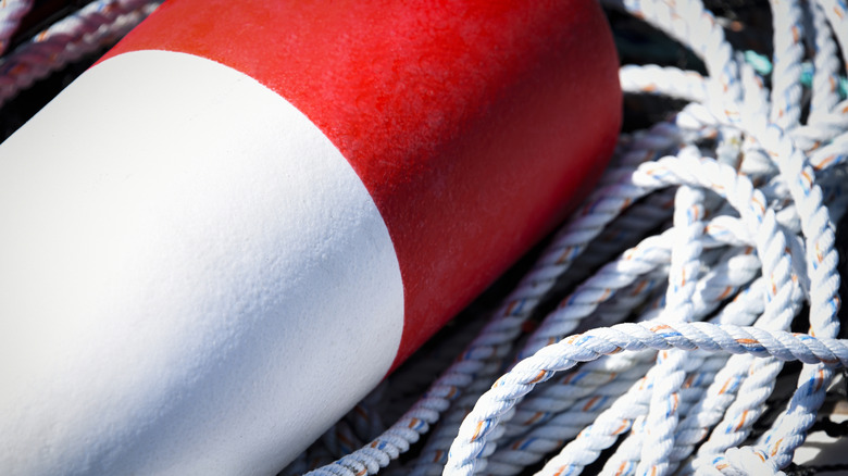Close-up of a red and white buoy alongside fishing rope.
