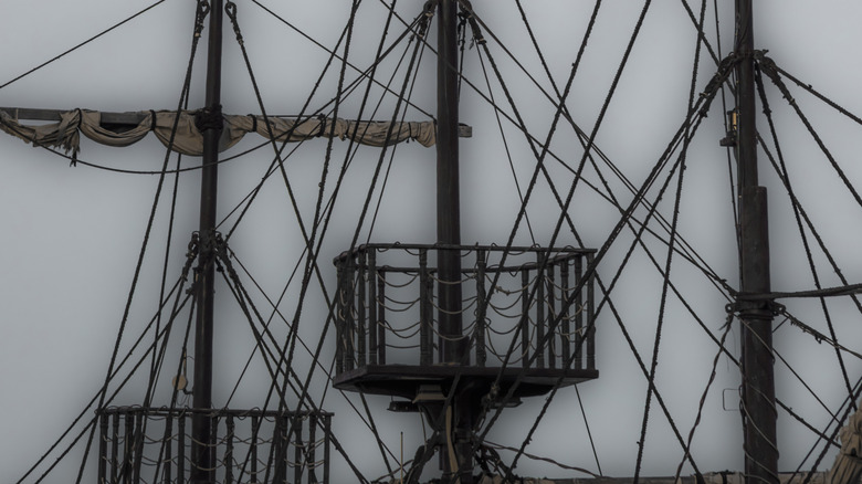 sailing ship masts, rigging, and poop deck