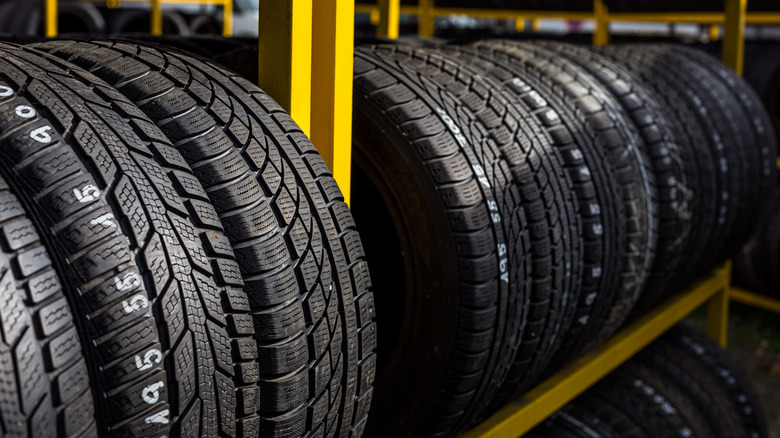 A picture of tires on a rack
