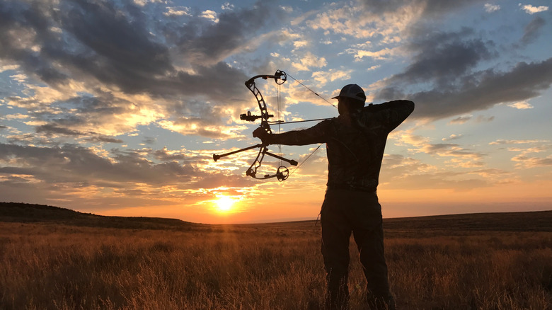 A man bow hunting in an open field at sunset.