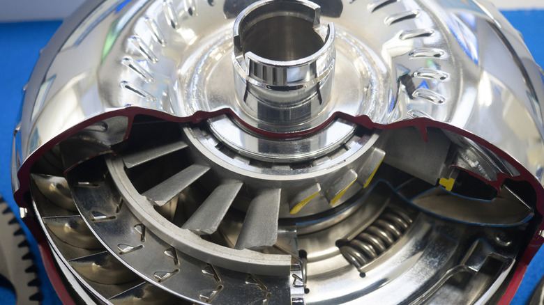 Close-up of a cut-away torque converter showing the internal assembly