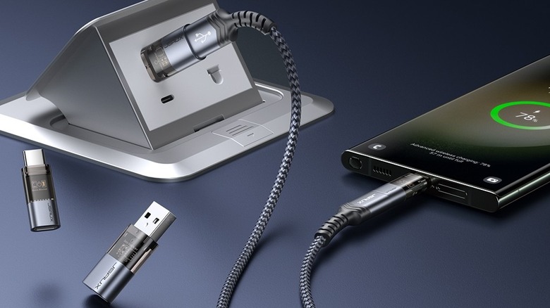 Android phone connected to a USB charging port with data blocker