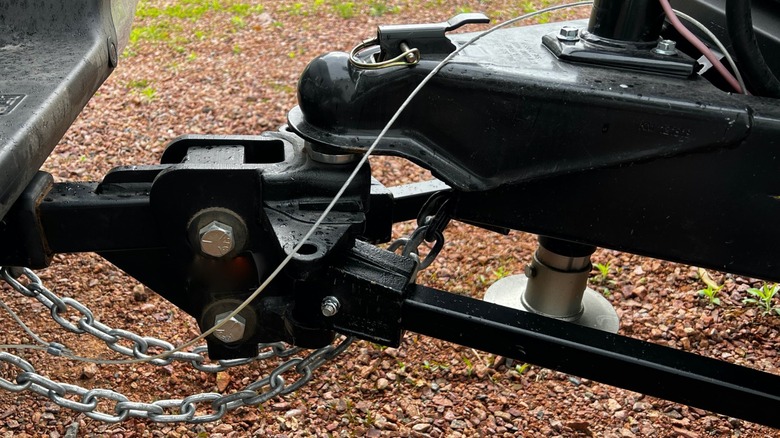 A weight distribution hitch for towing a trailer.