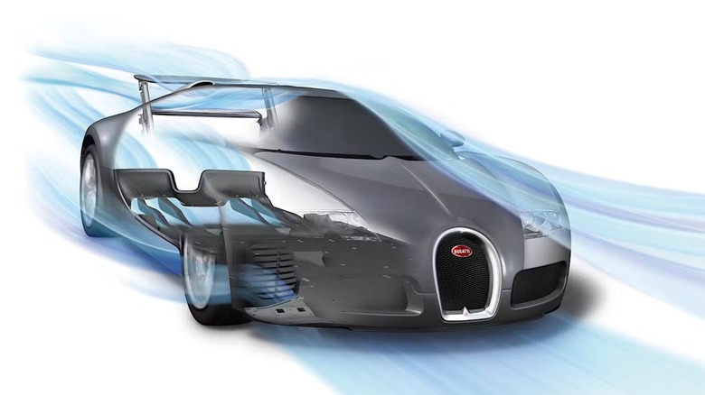Bugatti Veyron aerodynamics rendering, front 3/4 view