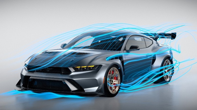 Ford Mustang GTD active aerodynamics rendering, front 3/4 view