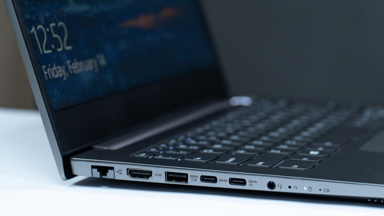 Side profile of a Windows laptop, showcasing USB ports.