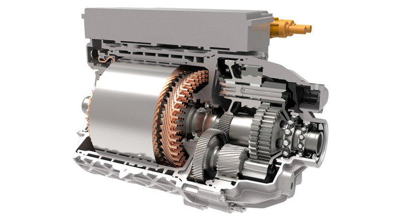 Schaeffler Group e-axle assembly cutaway view on white background