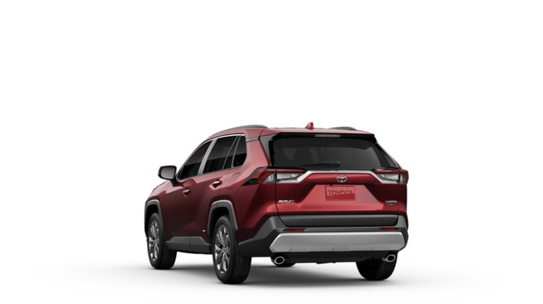 Red Toyota RAV4 Hyrid rear view on white background