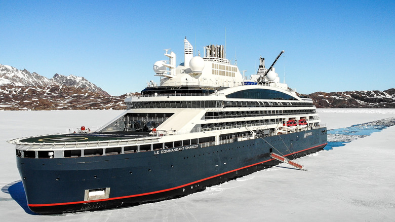Icebreaking cruise ship Le Commandant Charcot in icy waters.