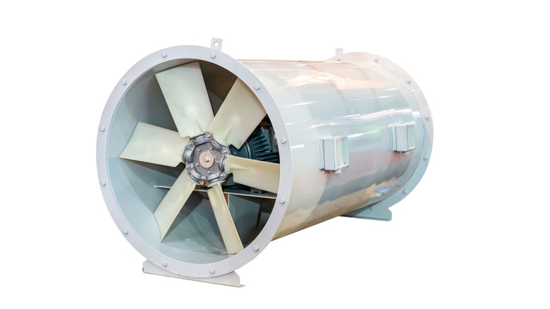 An industrial inline fan against a white background