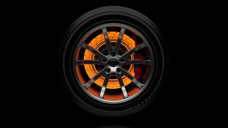 Red-hot brake rotors in a tire wheel