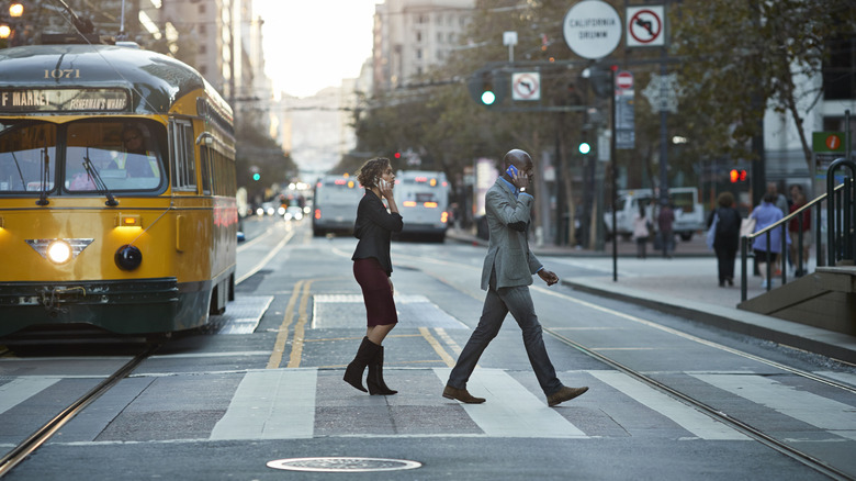 Californians crossing street