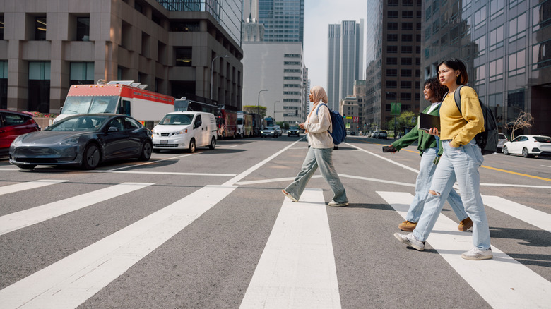 Pedestrians using crosswalk in downtown Los Angeles