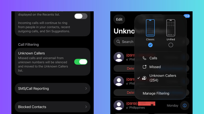 iOS 26 Unknown Callers and Spam settings and list