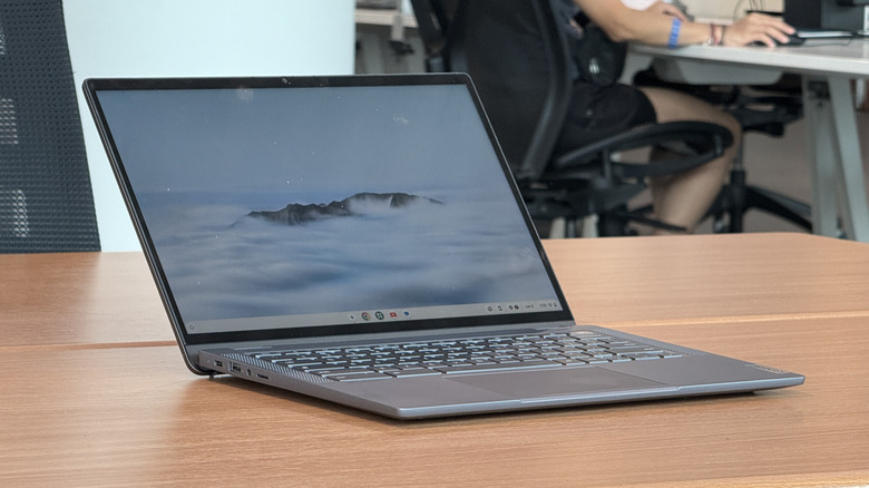 A silver HP Chromebook on a table