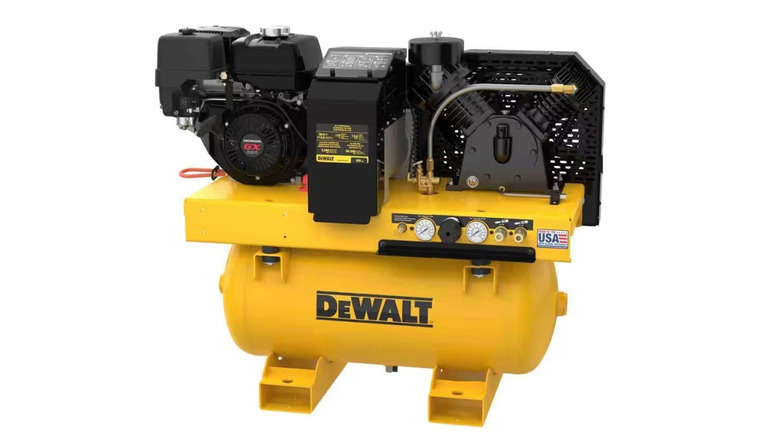A dewalt 3-in-1 compressor-generator-welder combo machine, DeWalt brand in black on yellow tank with black engine on top