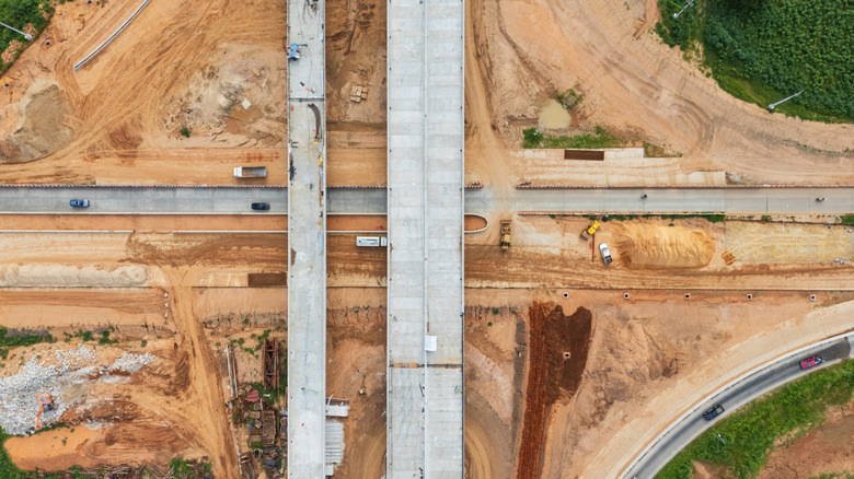 Aerial view of highway construction site