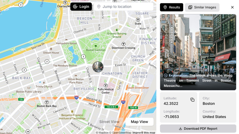 Demo of GeoSpy Plus locates the Wang Theatre on Tremont Street in Boston
