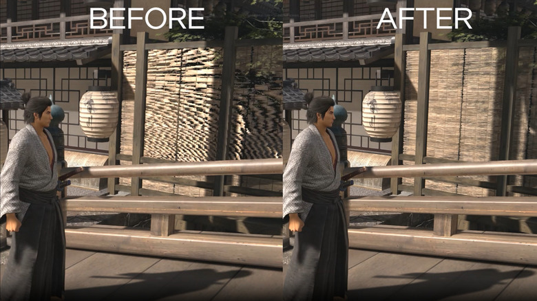 Intel XeSS gameplay rendering comparison in Like a Dragon: Isshin, samurai walking over bridge in old Japan