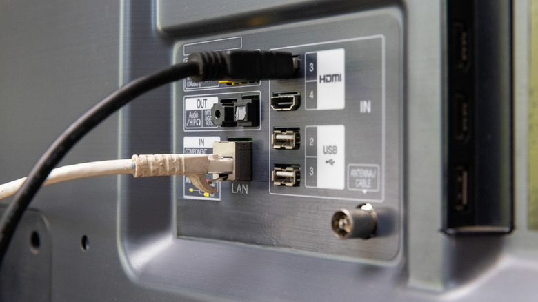 Back of a television with several cables and ports, including a LAN port