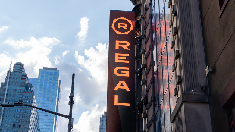 Regal logo sign on the front of the Times Square Regal cinema