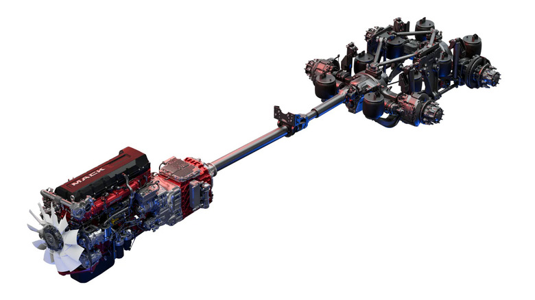 A Mack Anthem semi-truck's integrated powertrain on a white background