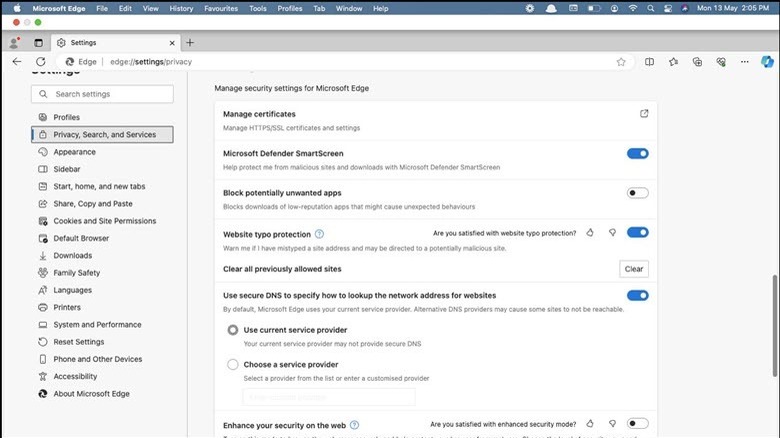 Microsoft Edge Security Settings macOS