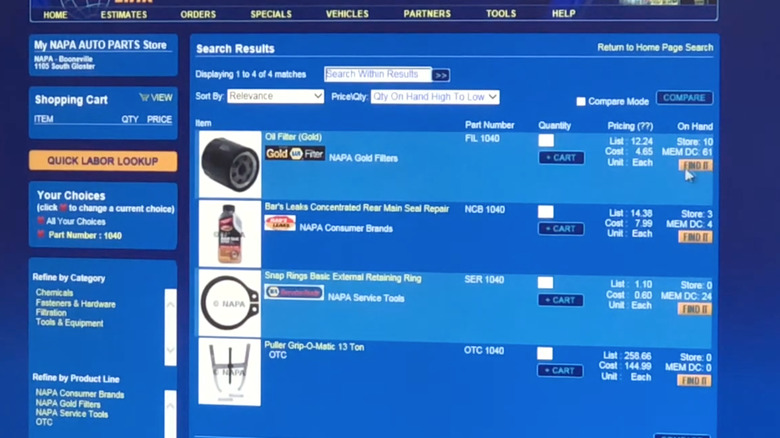 Napa PROLink parts search