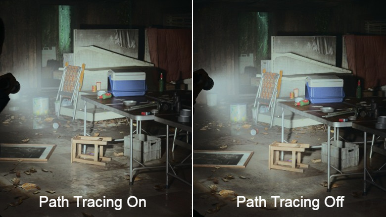 Image illustrating light rays coming from a flashlight with and without path tracing