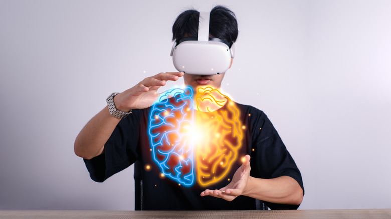 Person wearing VR headset with digital brain image