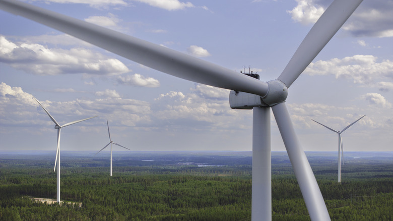 up close look at field of wind turbines